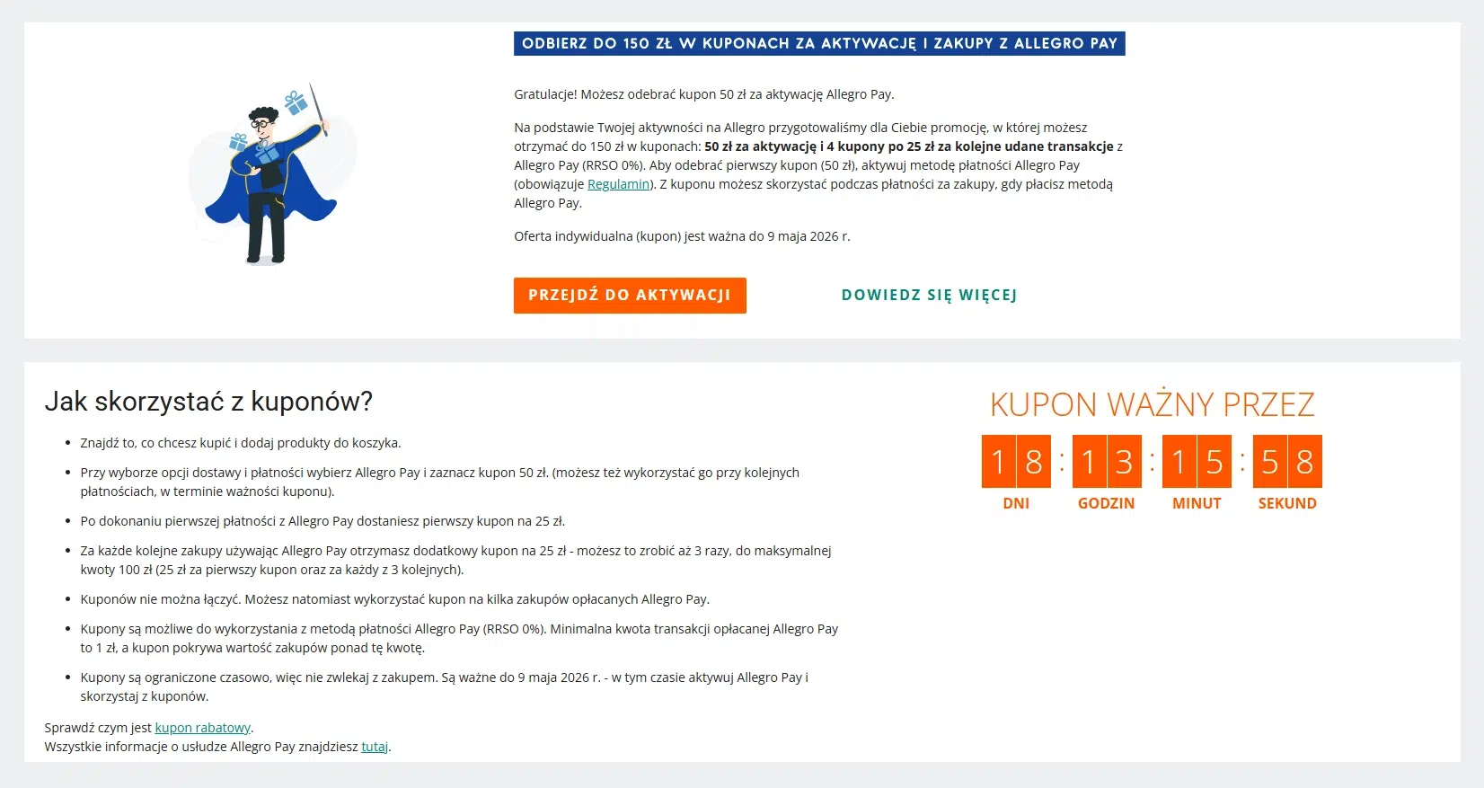 Strona promocji Allegro Pay z ofertą do 150 zł w kuponach za aktywację i zakupy, instrukcją skorzystania oraz licznikiem czasu ważności kuponu do 9 maja 2026.