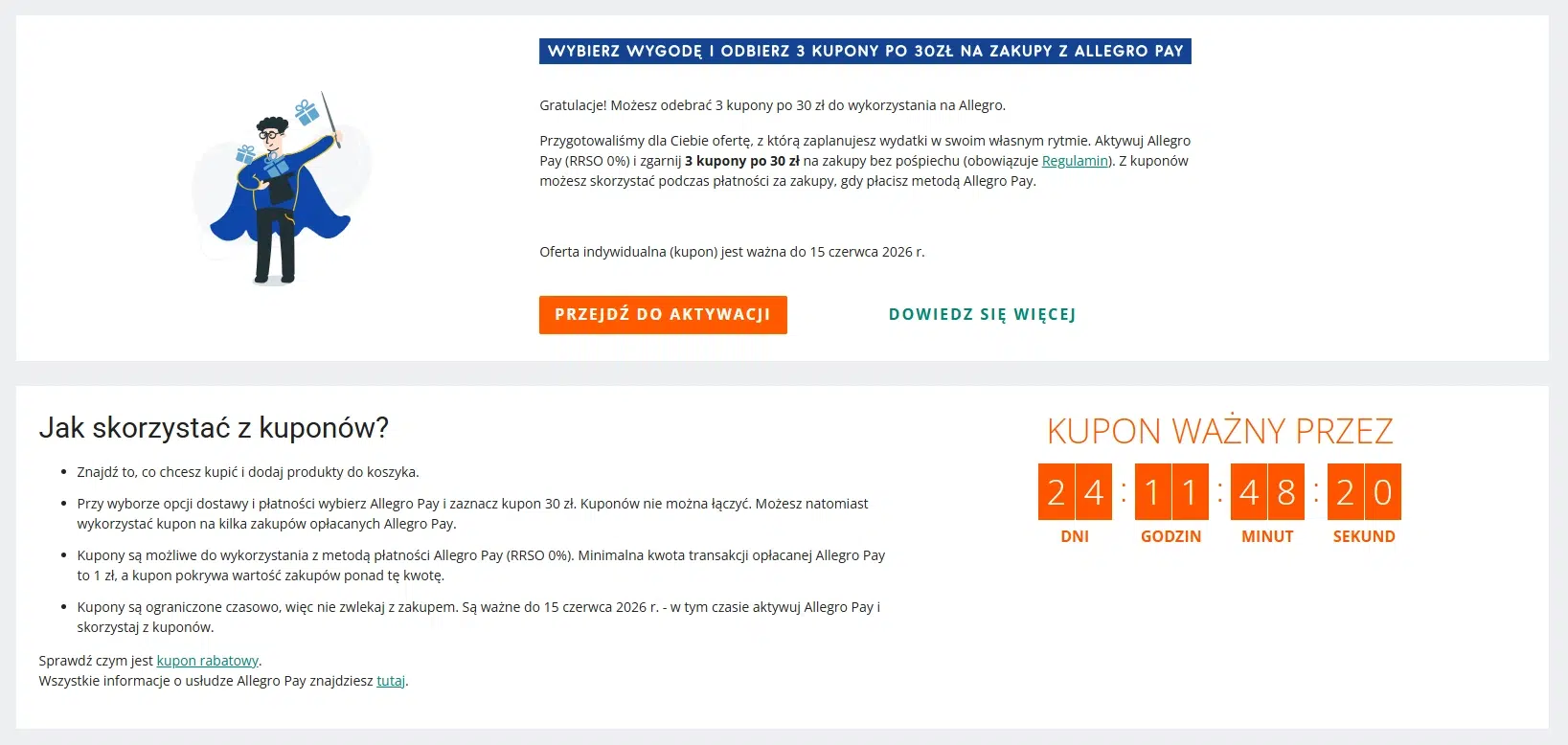 Zrzut ekranu promocji Allegro Pay z możliwością odbioru 3 kuponów po 30 zł na zakupy. Na obrazie widoczne są warunki promocji, instrukcja wykorzystania kuponów oraz licznik czasu ważności oferty do 15 czerwca 2026 roku.