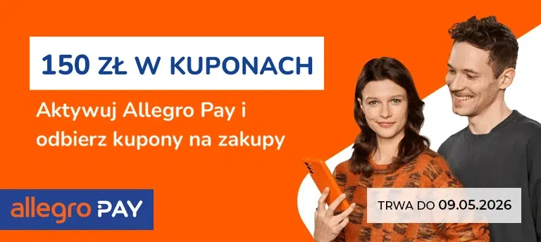 Mobilny baner Allegro Pay z promocją 150 zł w kuponach za aktywację usługi i zakupy na Allegro, ważny do 09.05.2026.