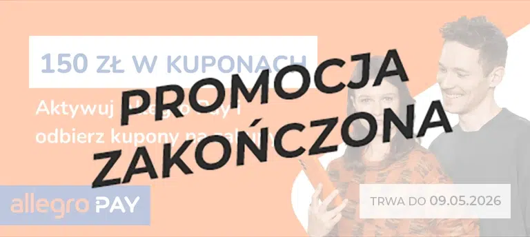 Mobilny baner Allegro Pay z promocją 150 zł w kuponach za aktywację usługi i zakupy na Allegro, ważny do 09.05.2026. Po środku napis PROMOCJA ZAKOŃCZONA.
