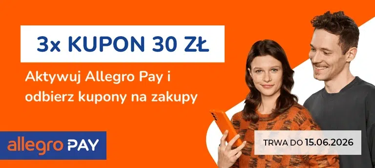 Mobilny baner promocji Allegro Pay z informacją o 3 kuponach po 30 zł za aktywację usługi. Na grafice widoczna para użytkowników Allegro Pay oraz termin promocji ważnej do 15.06.2026.