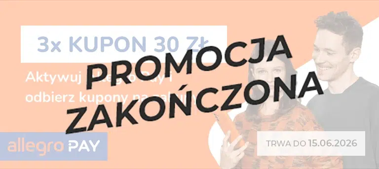 Mobilny baner promocji Allegro Pay z informacją o 3 kuponach po 30 zł za aktywację usługi. Na grafice widoczna para użytkowników Allegro Pay oraz termin promocji ważnej do 15.06.2026. Po środku napis PROMOCJA ZAKOŃCZONA.