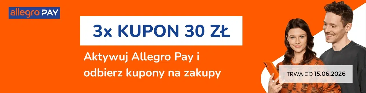 Baner promocji Allegro Pay z informacją o 3 kuponach po 30 zł za aktywację usługi. Na grafice widoczna para trzymająca smartfon oraz termin promocji do 15.06.2026.