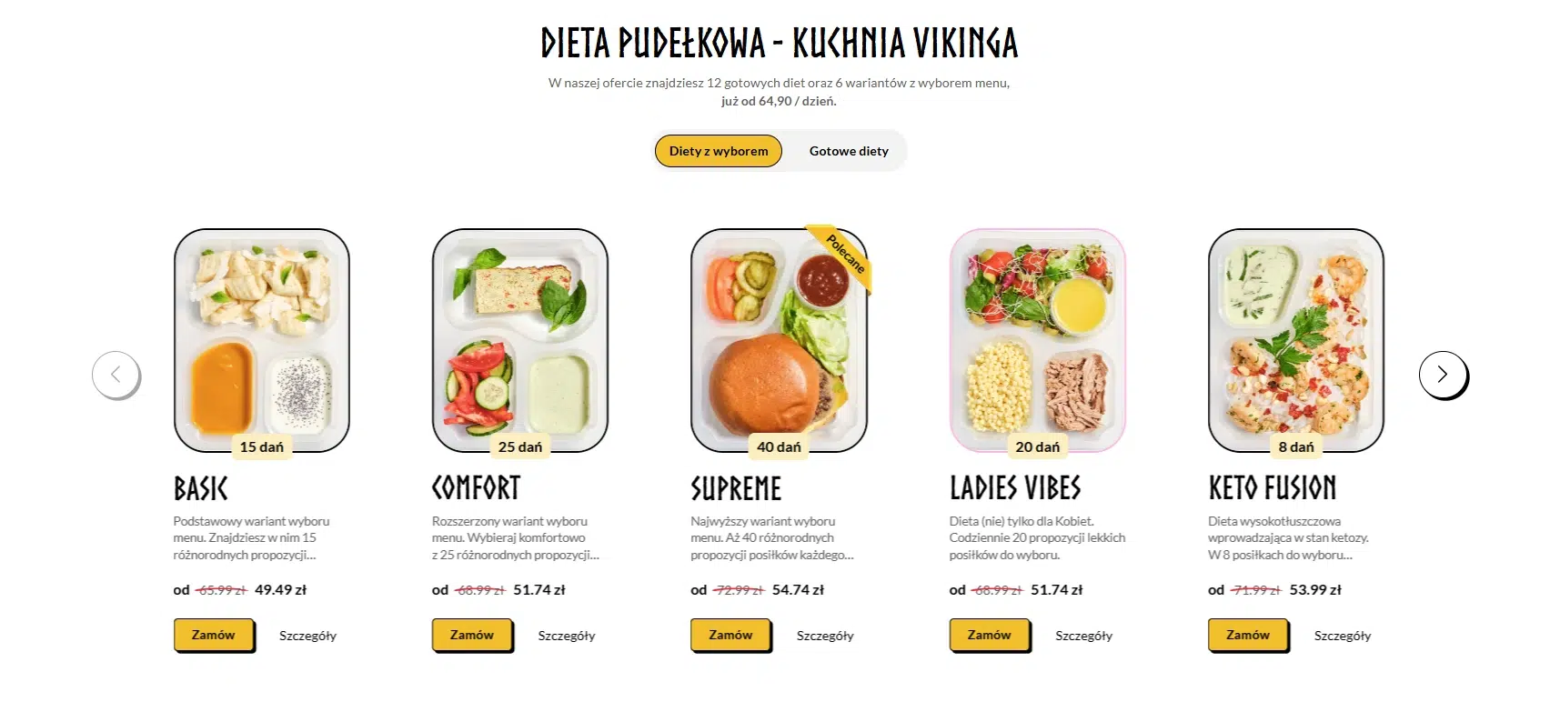 Zrzut ekranu oferty Kuchni Vikinga pokazujący różne warianty diet z wyborem menu (Basic, Comfort, Supreme, Ladies Vibes, Keto Fusion) wraz z liczbą dań i cenami.