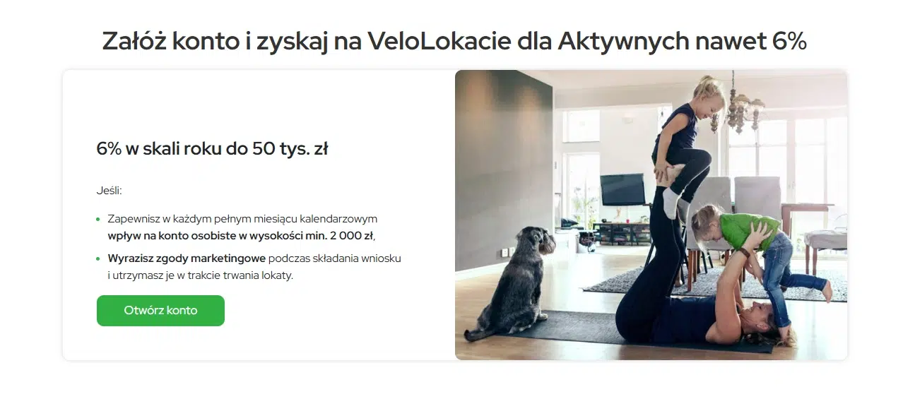 Strona promocji VeloLokata dla Aktywnych w VeloBanku z oprocentowaniem 6% w skali roku do 50 tys. zł oraz warunkami założenia konta osobistego.