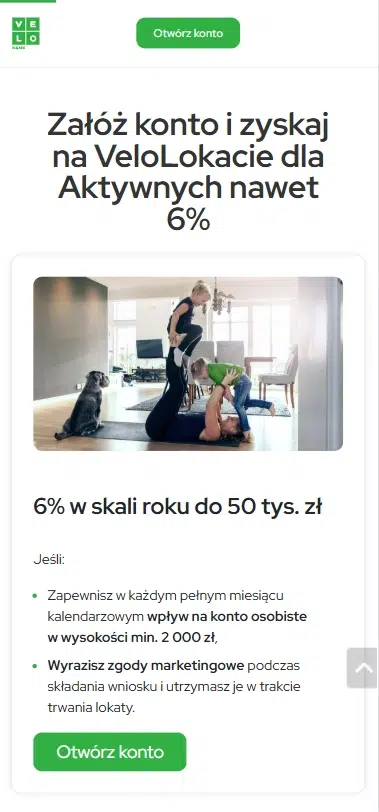 Mobilny ekran promocji VeloLokata dla Aktywnych w VeloBanku z oprocentowaniem 6% do 50 tys. zł oraz warunkami uzyskania oferty po założeniu konta.