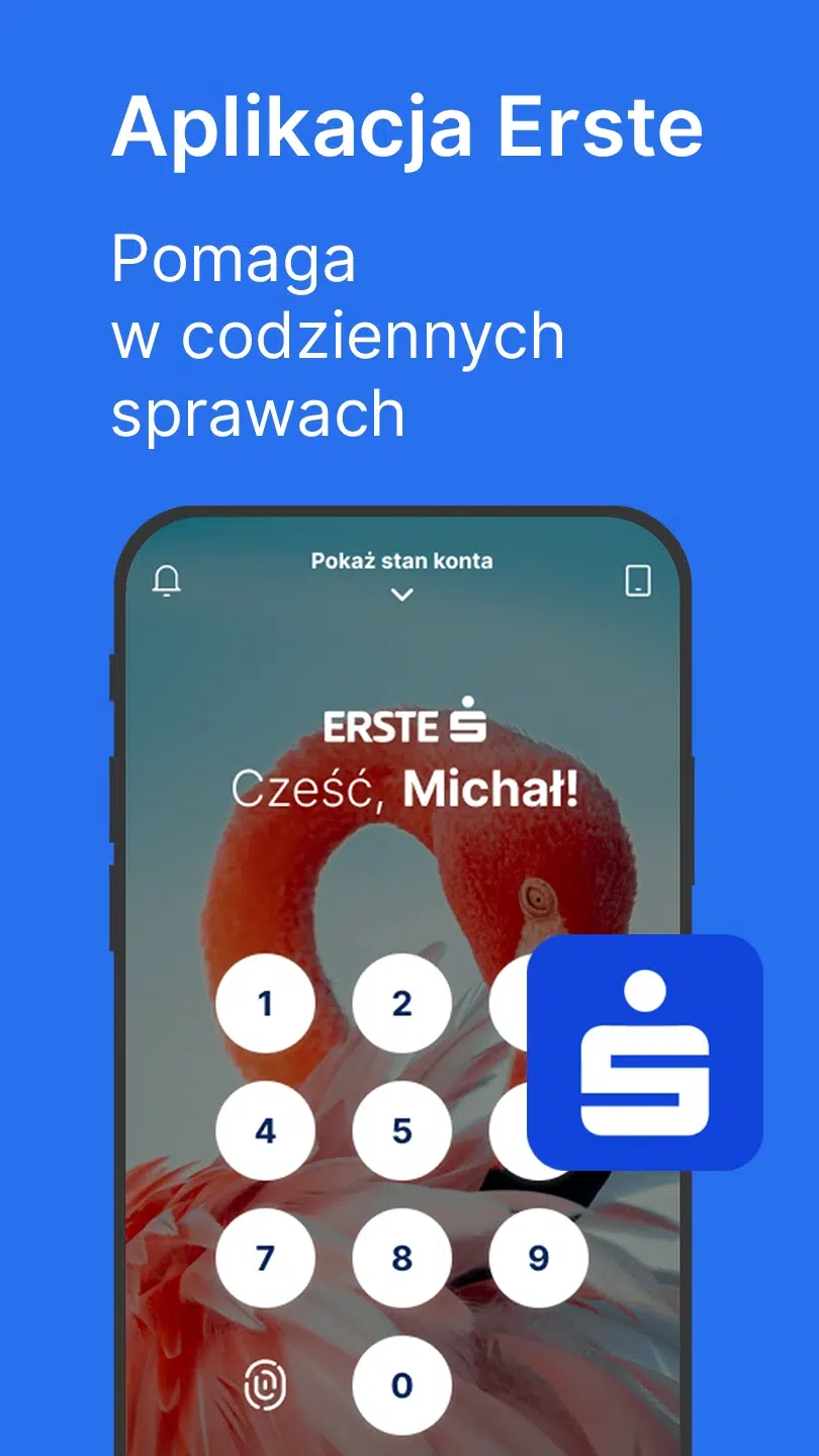 Ekran promujący aplikację Erste Bank z logowaniem mobilnym, podglądem konta i hasłem o codziennym wsparciu w zarządzaniu finansami.