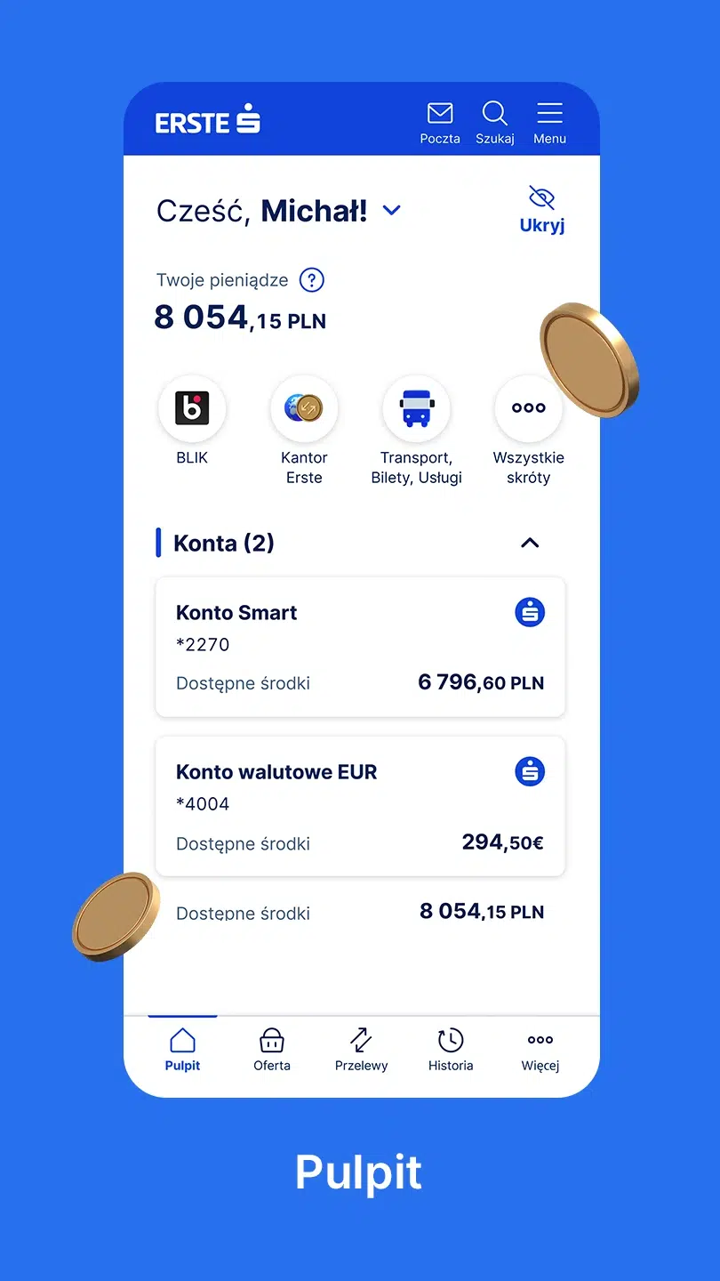 Ekran aplikacji Erste Bank z trybem dyskretnym ukrywającym saldo konta, kartami płatniczymi i szybkim dostępem do funkcji bankowych.