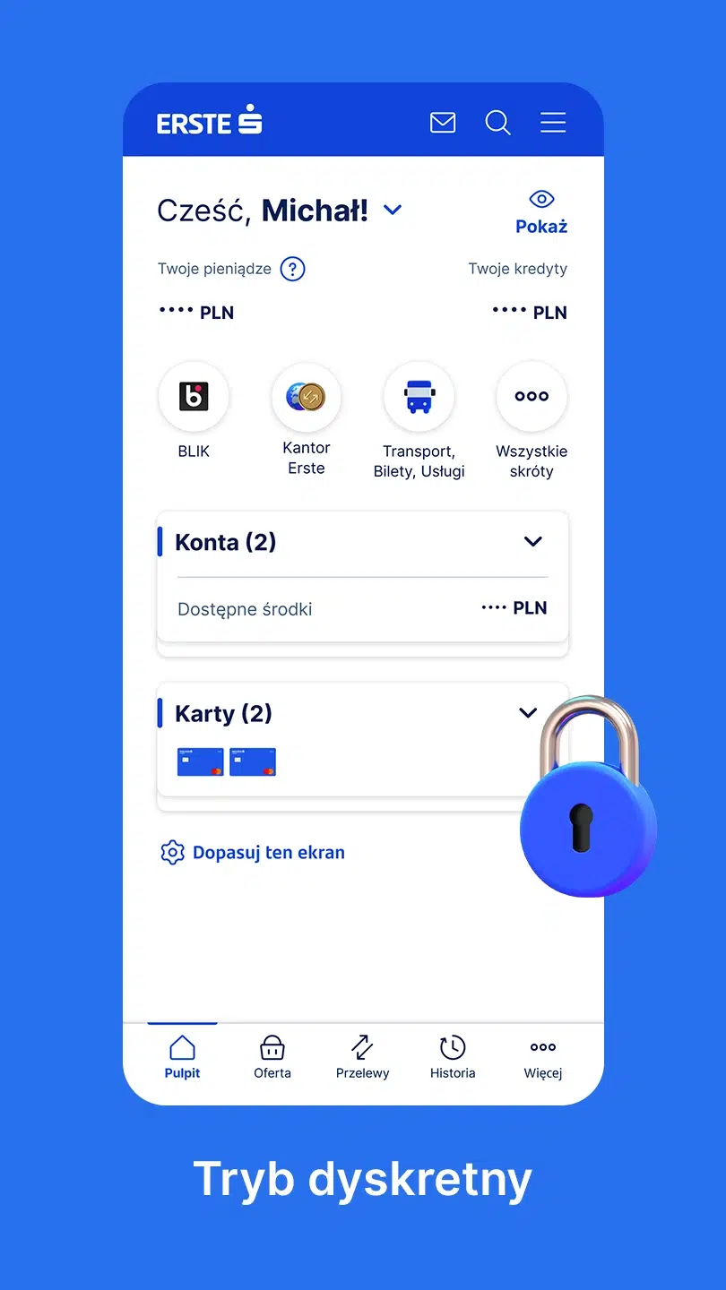 Ekran aplikacji Erste Bank Polska z aktywnym trybem dyskretnym ukrywającym saldo konta i kart, z ikoną kłódki symbolizującą ochronę prywatności danych.