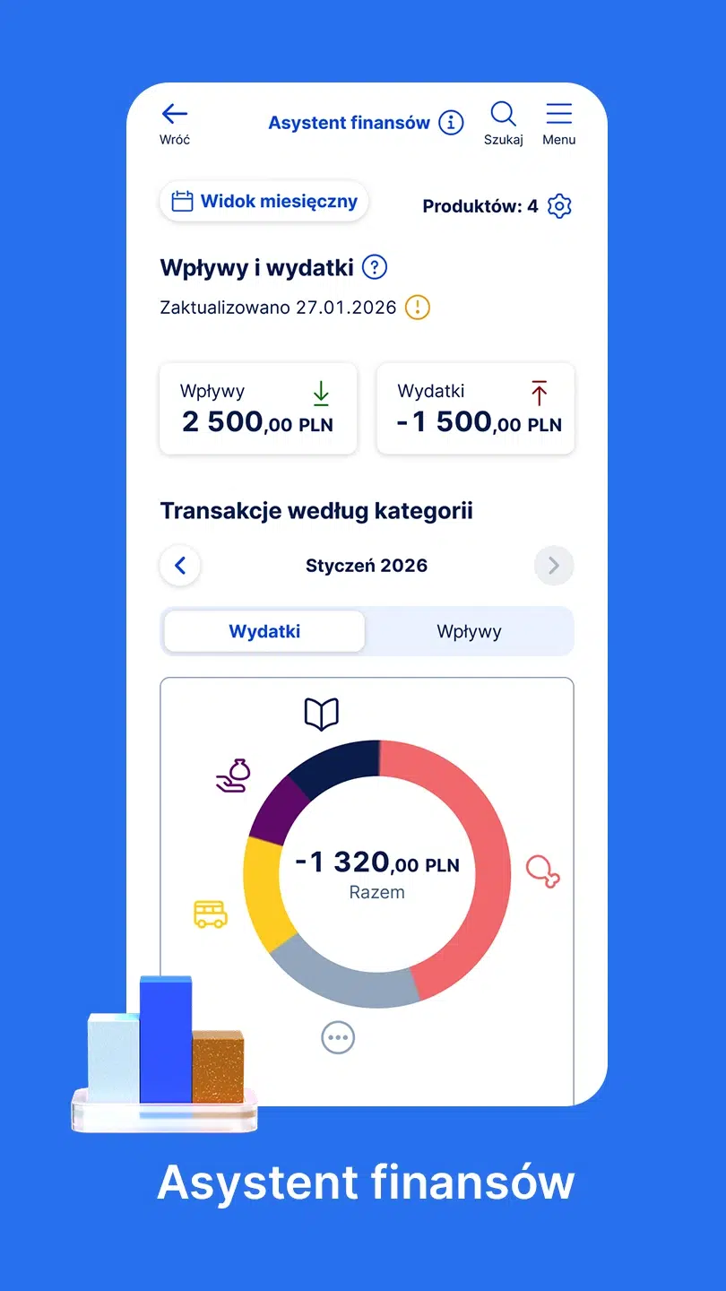 Ekran aplikacji Erste Bank Polska z Asystentem finansów pokazującym miesięczne wpływy, wydatki oraz wykres kategorii transakcji do kontroli budżetu domowego.