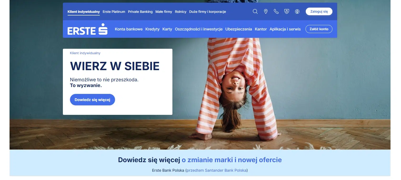Strona główna Erste Bank Polska z nową identyfikacją marki, ofertą kont bankowych i usług finansowych oraz banerem informującym o zmianie z Santander Bank Polska.