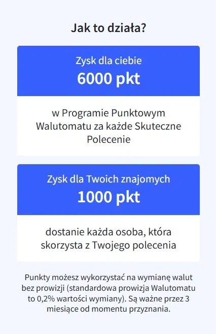 Mobilna grafika informacyjna Walutomat pokazująca zasady programu poleceń: 6000 punktów dla polecającego i 1000 punktów dla znajomego za skuteczne polecenie.