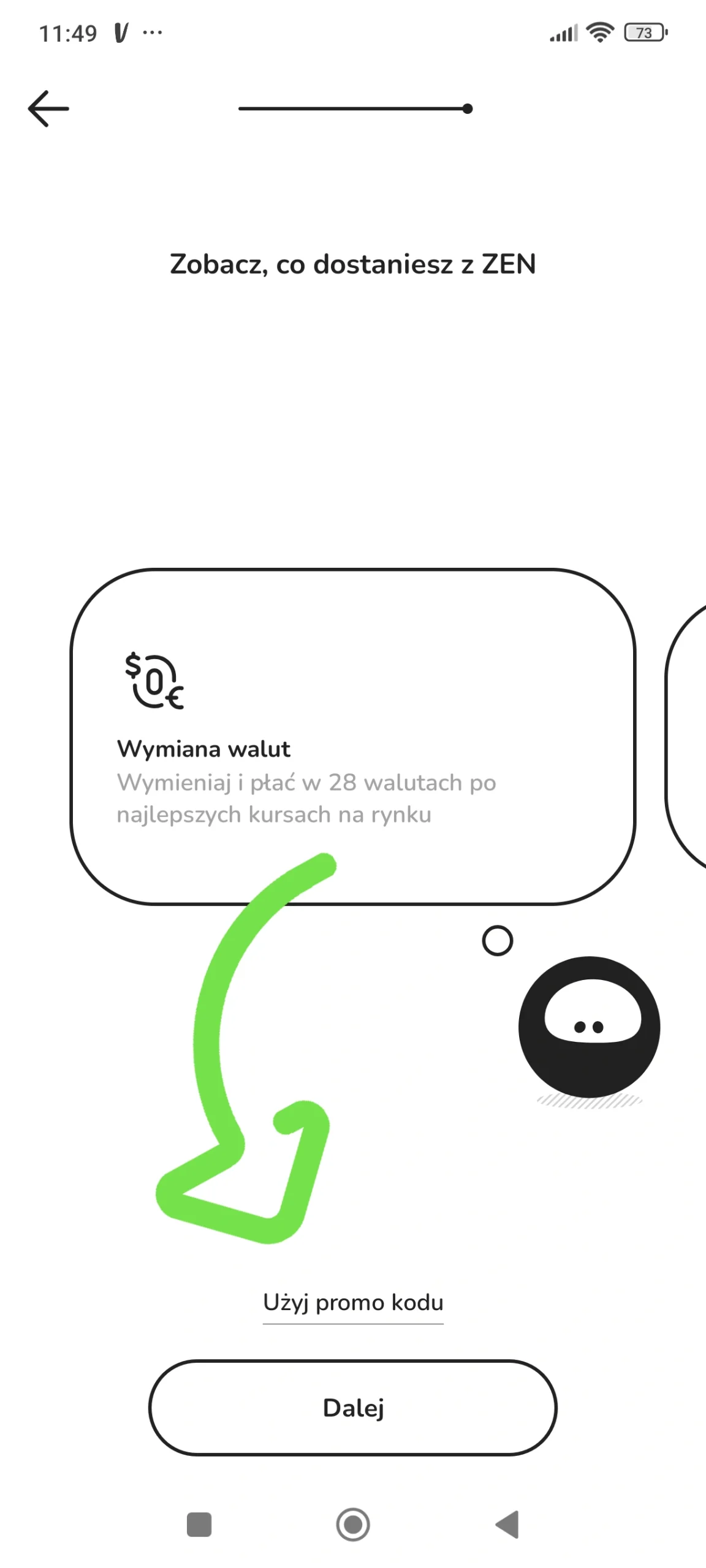 Ekran rejestracji aplikacji ZEN.COM z opcją „Użyj promo kodu”, pokazujący miejsce wpisania kodu promocyjnego podczas zakładania konta ZEN.