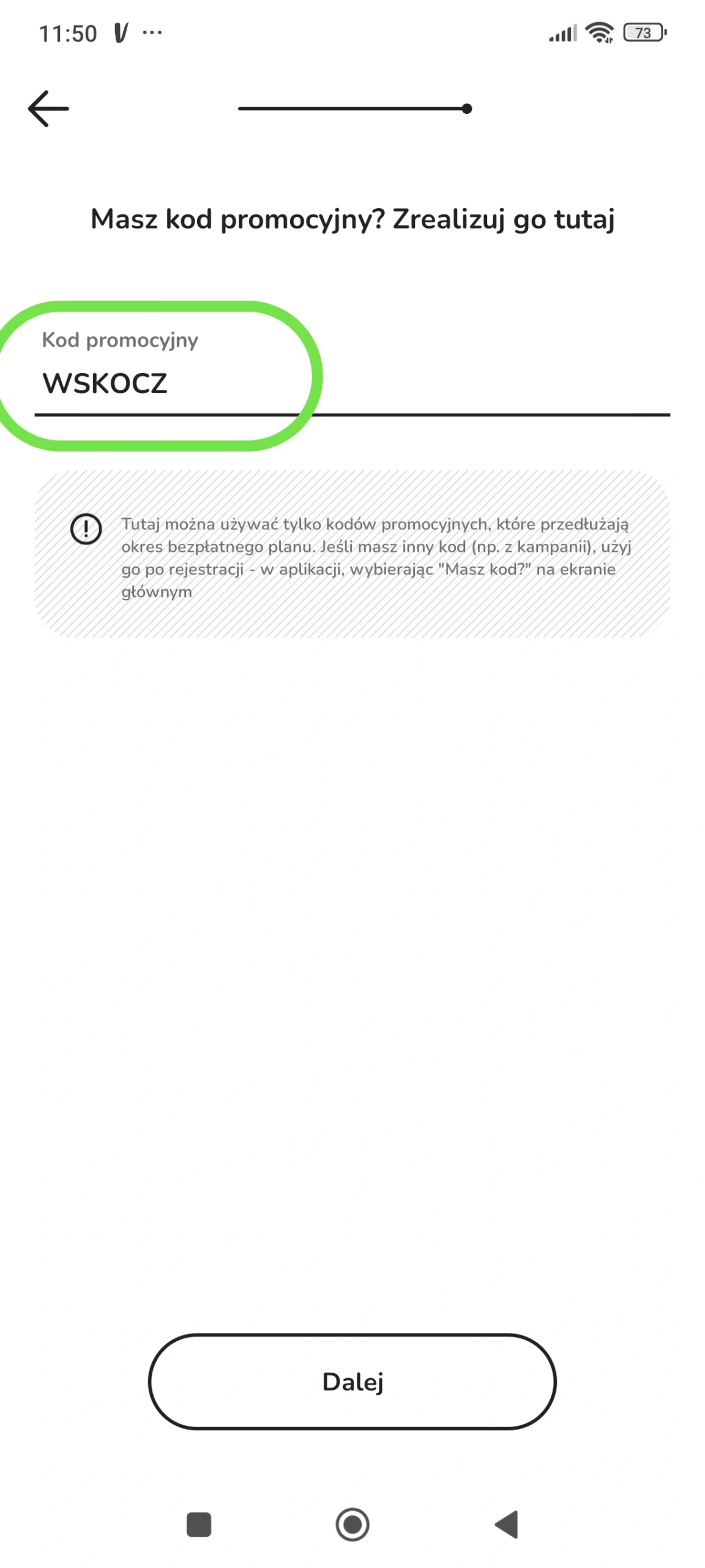 Ekran aplikacji ZEN.COM z wpisanym kodem promocyjnym WSKOCZ w polu „Kod promocyjny” podczas rejestracji konta ZEN.