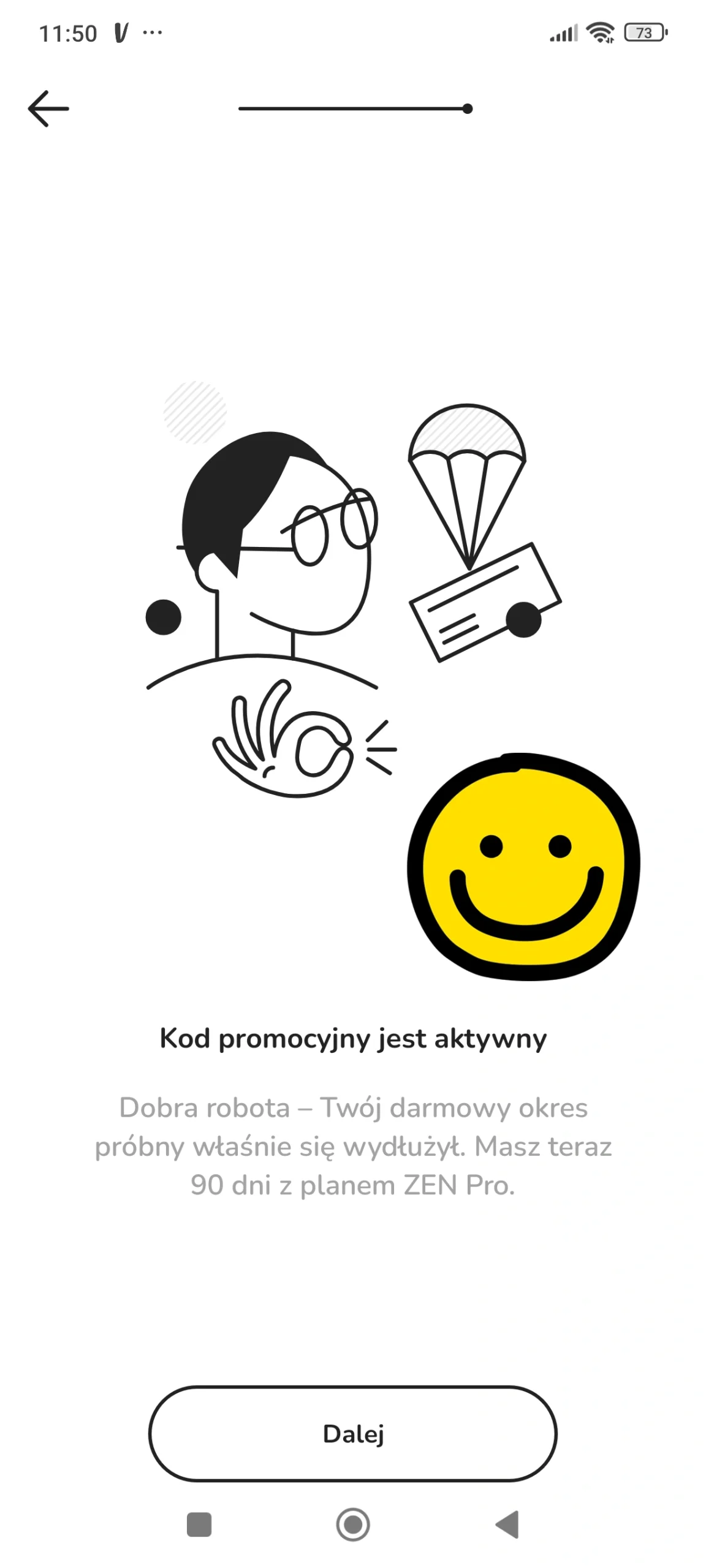 Ekran aplikacji ZEN.COM z potwierdzeniem aktywacji kodu promocyjnego WSKOCZ i informacją o wydłużeniu darmowego okresu próbnego do 90 dni planu ZEN Pro.