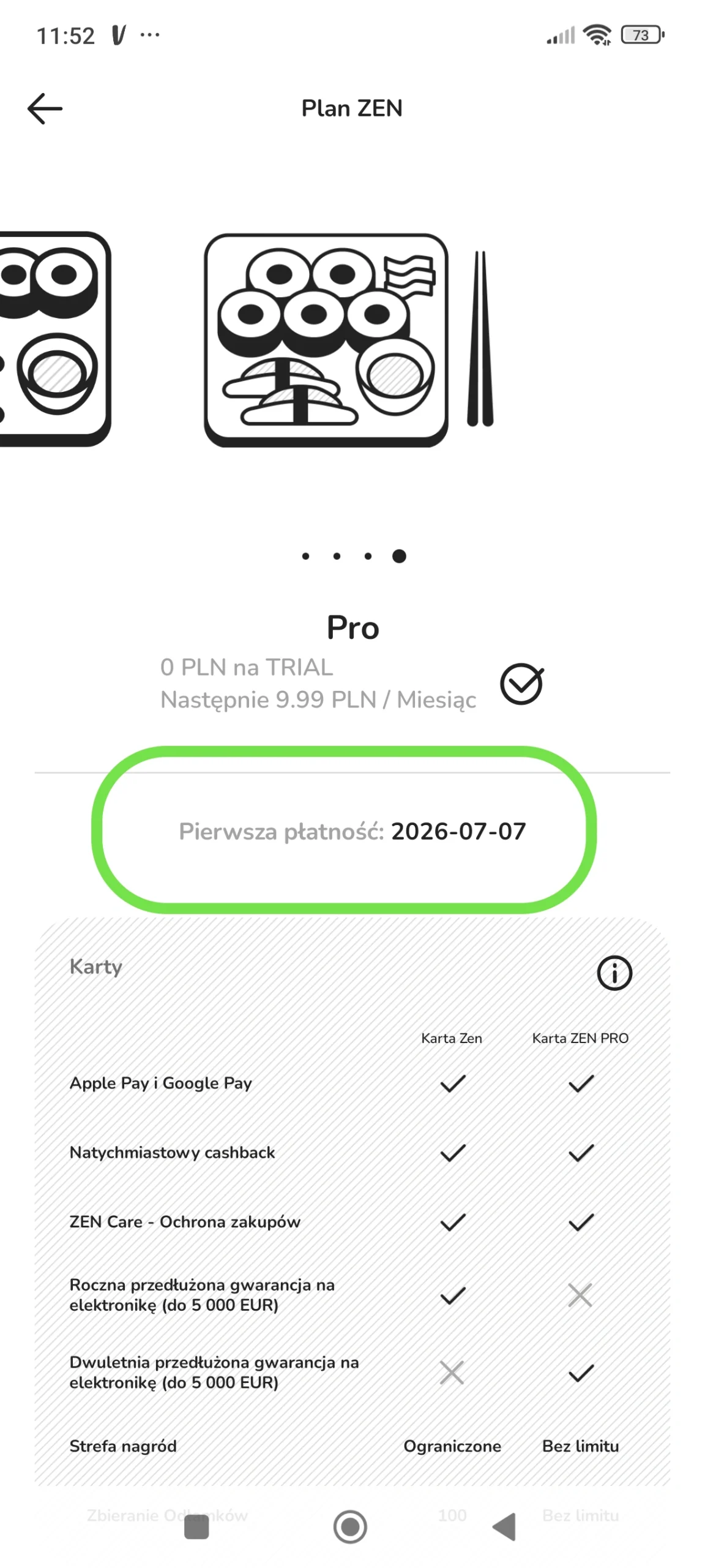 Ekran aplikacji ZEN.COM z aktywnym planem ZEN Pro po wpisaniu kodu promocyjnego WSKOCZ oraz datą pierwszej płatności po zakończeniu 90-dniowego okresu próbnego.
