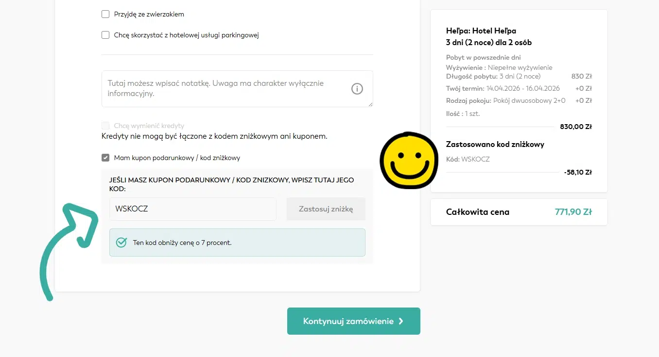 Zrzut ekranu formularza rezerwacji Travelking pokazujący wpisany kod rabatowy WSKOCZ oraz naliczoną zniżkę 7% w podsumowaniu ceny.