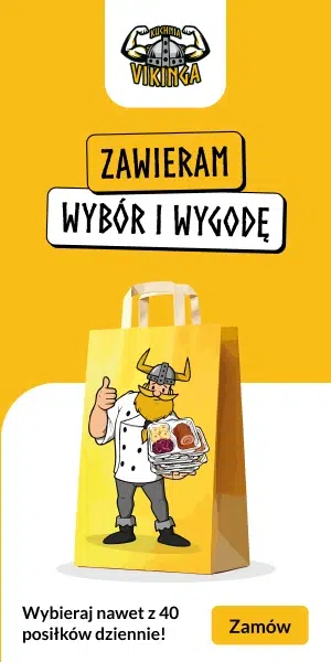 Baner pionowy Kuchni Vikinga z hasłem „Zawieram wybór i wygodę”, przedstawiający torbę z jedzeniem z wizerunkiem wikinga oraz informacją o wyborze nawet 40 posiłków dziennie.