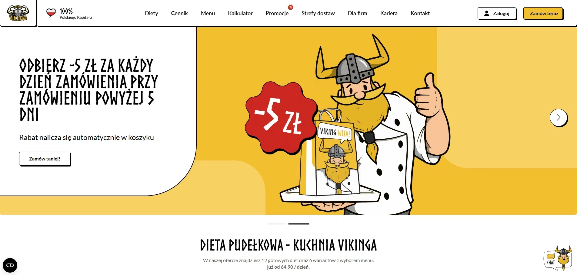 Zrzut ekranu strony głównej Kuchni Vikinga z banerem promocji –5 zł za każdy dzień zamówienia powyżej 5 dni oraz grafiką wikinga trzymającego torbę z jedzeniem.