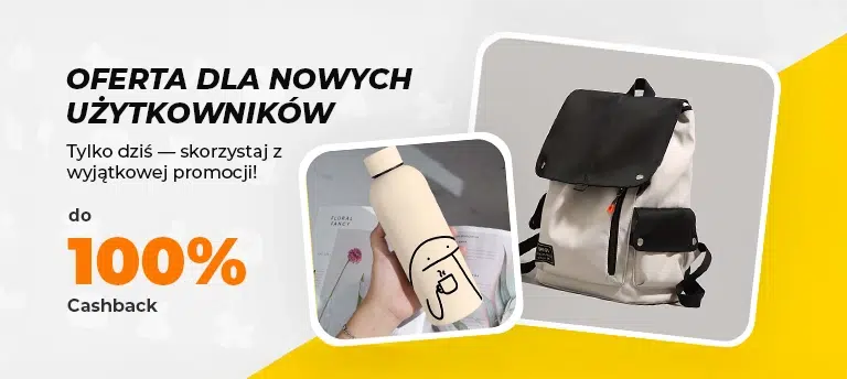 Baner promocyjny z ofertą dla nowych użytkowników z cashbackiem do 100%, przedstawiający butelkę wielorazową i plecak na jasnym tle.
