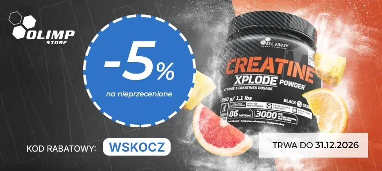 Mobilna grafika Olimp Store z odżywką Creatine Xplode Powder, oznaczeniem –5% rabatu oraz kodem WSKOCZ, ważnym do 31.12.2026.