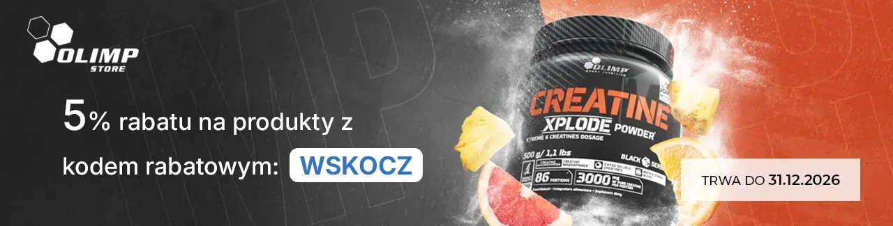 Grafika promocyjna Olimp Store z odżywką kreatynową Creatine Xplode Powder i informacją o 5% rabatu na produkty z kodem WSKOCZ, ważnym do 31.12.2026.