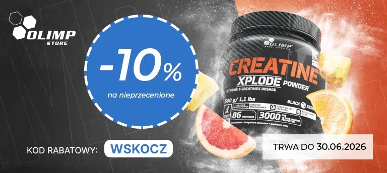 Mobilna grafika Olimp Store z odżywką Creatine Xplode Powder, oznaczeniem –10% rabatu oraz kodem WSKOCZ, ważnym do 30.06.2026.