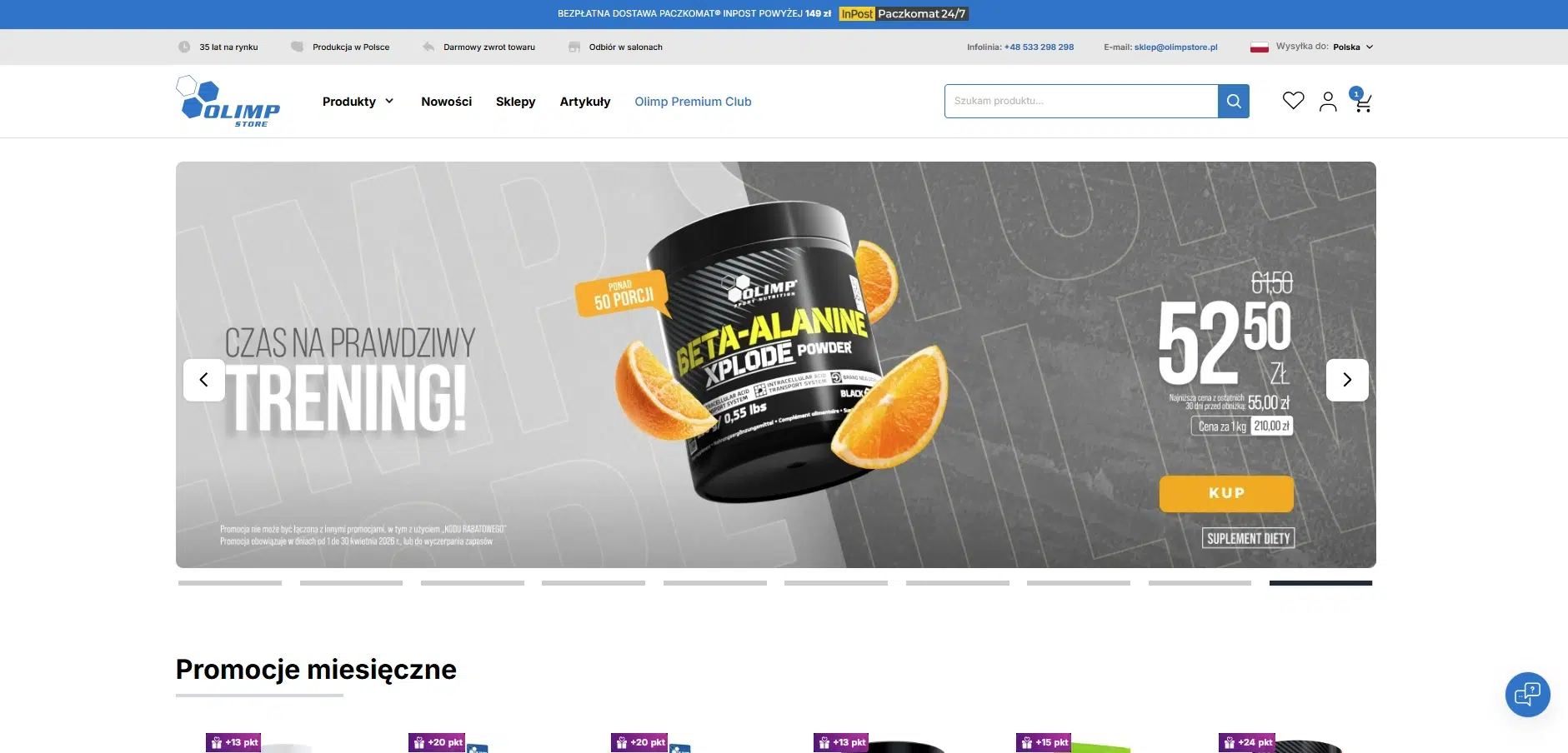 Strona główna Olimp Store z banerem promocyjnym suplementu Beta-Alanine Xplode Powder, ceną 52,50 zł oraz sekcją promocji miesięcznych.