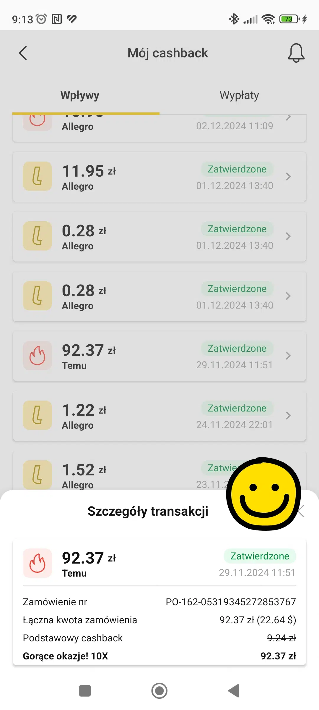 Mobilny zrzut ekranu aplikacji cashback pokazujący zatwierdzony zwrot 92,37 zł za zakupy w TEMU oraz szczegóły transakcji z promocji 10X.