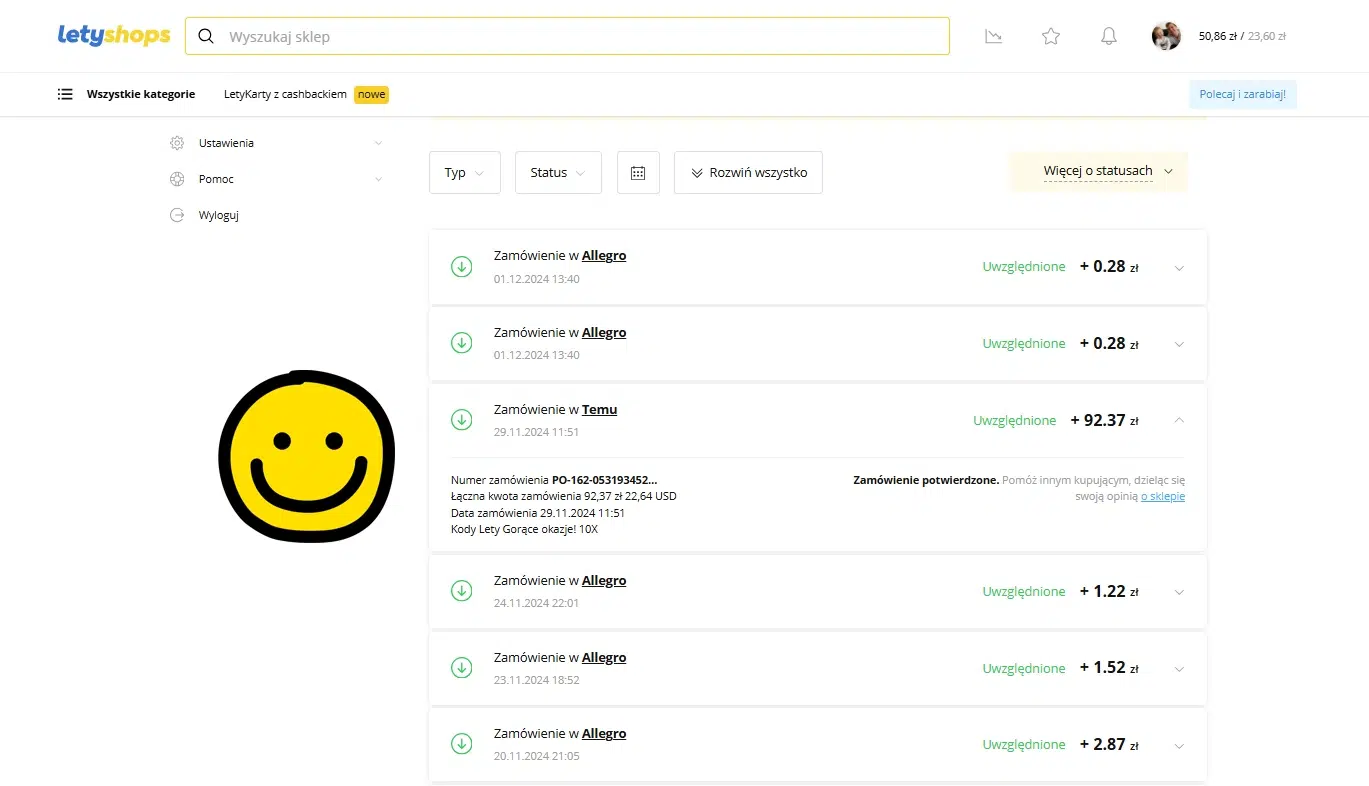 Zrzut ekranu historii cashbacku w LetyShops pokazujący potwierdzone zamówienie w TEMU ze zwrotem 92,37 zł oraz inne naliczone cashbacki z zakupów.