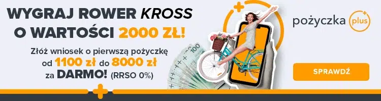 Baner Pożyczka Plus z promocją „Wygraj rower Kross o wartości 2000 zł” oraz ofertą pierwszej pożyczki 1100–8000 zł za darmo (RRSO 0%) i przyciskiem „Sprawdź”.