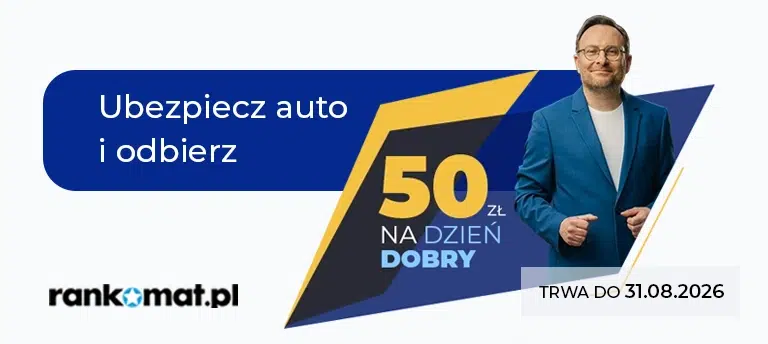 Mobilny baner promocyjny Rankomat.pl z informacją o promocji „50 zł na Dzień Dobry” za zakup ubezpieczenia auta, przedstawiający grafiki promocyjne oraz termin ważności do 31.08.2026.