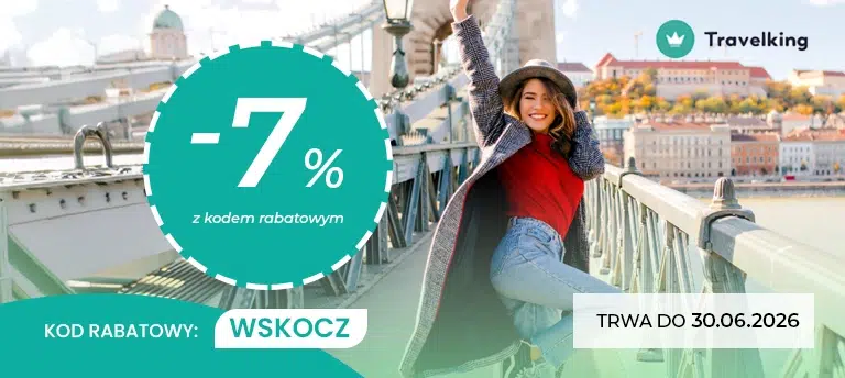 Mobilny baner promocyjny Travelking z rabatem -7% i kodem WSKOCZ, przedstawiający kobietę na moście oraz termin promocji do 30.06.2026.