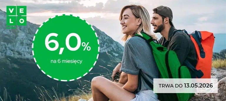 Mobilna grafika promocji VeloBank z lokatą na 6 miesięcy oprocentowaną na 6,0% oraz terminem obowiązywania oferty do 13.05.2026.