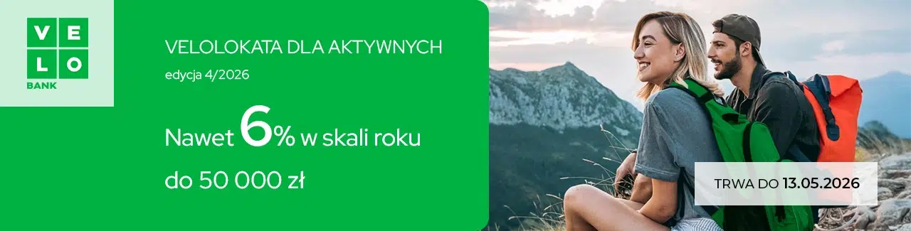 Grafika promocji VeloBank VeloLokata dla Aktywnych edycja 4/2026 z oprocentowaniem do 6% w skali roku do 50 000 zł oraz terminem obowiązywania do 13.05.2026.