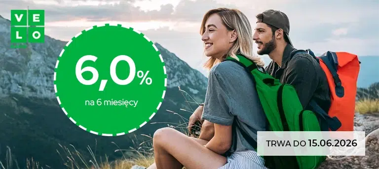Mobilna grafika promocji VeloBank z lokatą na 6 miesięcy oprocentowaną na 6,0% oraz terminem obowiązywania oferty do 15.06.2026.