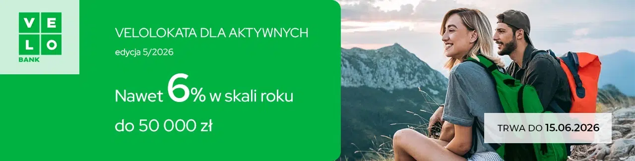 Grafika promocji VeloBank VeloLokata dla Aktywnych edycja 5/2026 z oprocentowaniem do 6% w skali roku do 50 000 zł oraz terminem obowiązywania do 15.06.2026.