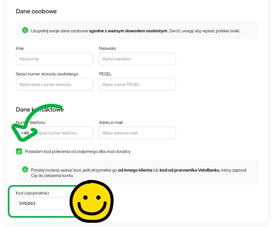 Formularz rejestracyjny VeloBank z danymi osobowymi i kontaktowymi oraz wpisanym kodem polecenia 5YG893 w polu „Kod (opcjonalnie)”.