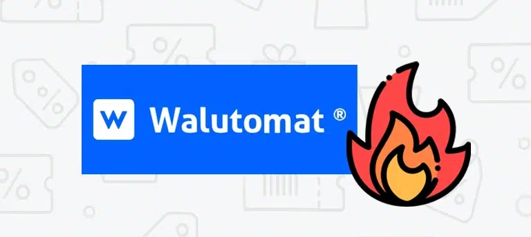 Logo Walutomat na niebieskim tle z białą literą „W” w kwadracie oraz ikoną płomienia po prawej stronie, na jasnym tle z subtelnym wzorem kuponów rabatowych.