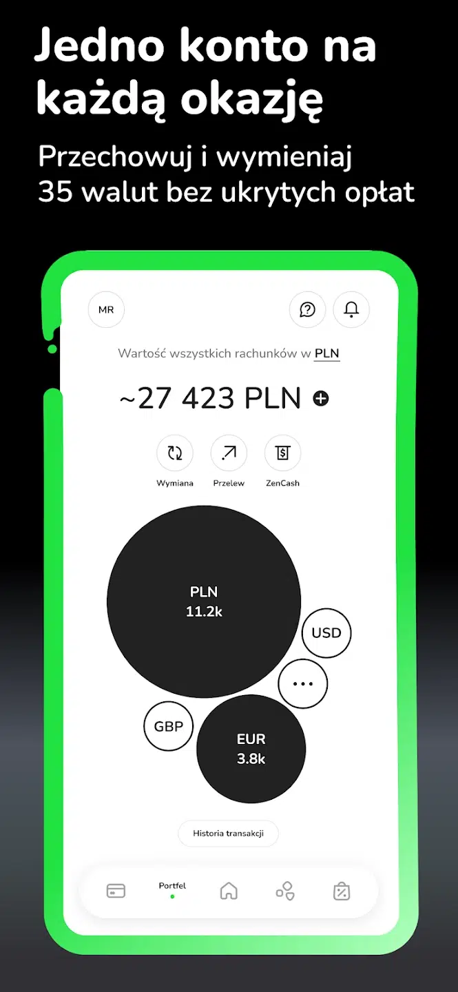 Baner aplikacji ZEN.com z hasłem „Jedno konto na każdą okazję”, pokazujący panel użytkownika z saldem w różnych walutach oraz funkcjami wymiany i przelewów.