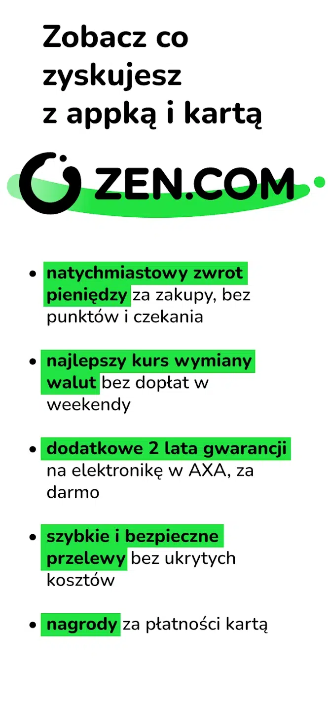 Grafika promocyjna ZEN.com z listą korzyści aplikacji i karty, takich jak natychmiastowy cashback, korzystne kursy walut, dodatkowa gwarancja oraz szybkie przelewy bez ukrytych kosztów.