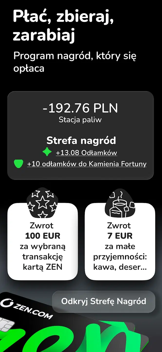 Grafika promocyjna ZEN.com z hasłem „Płać, zbieraj, zarabiaj”, przedstawiająca program nagród, zwroty za płatności kartą oraz przykładowe bonusy za transakcje.