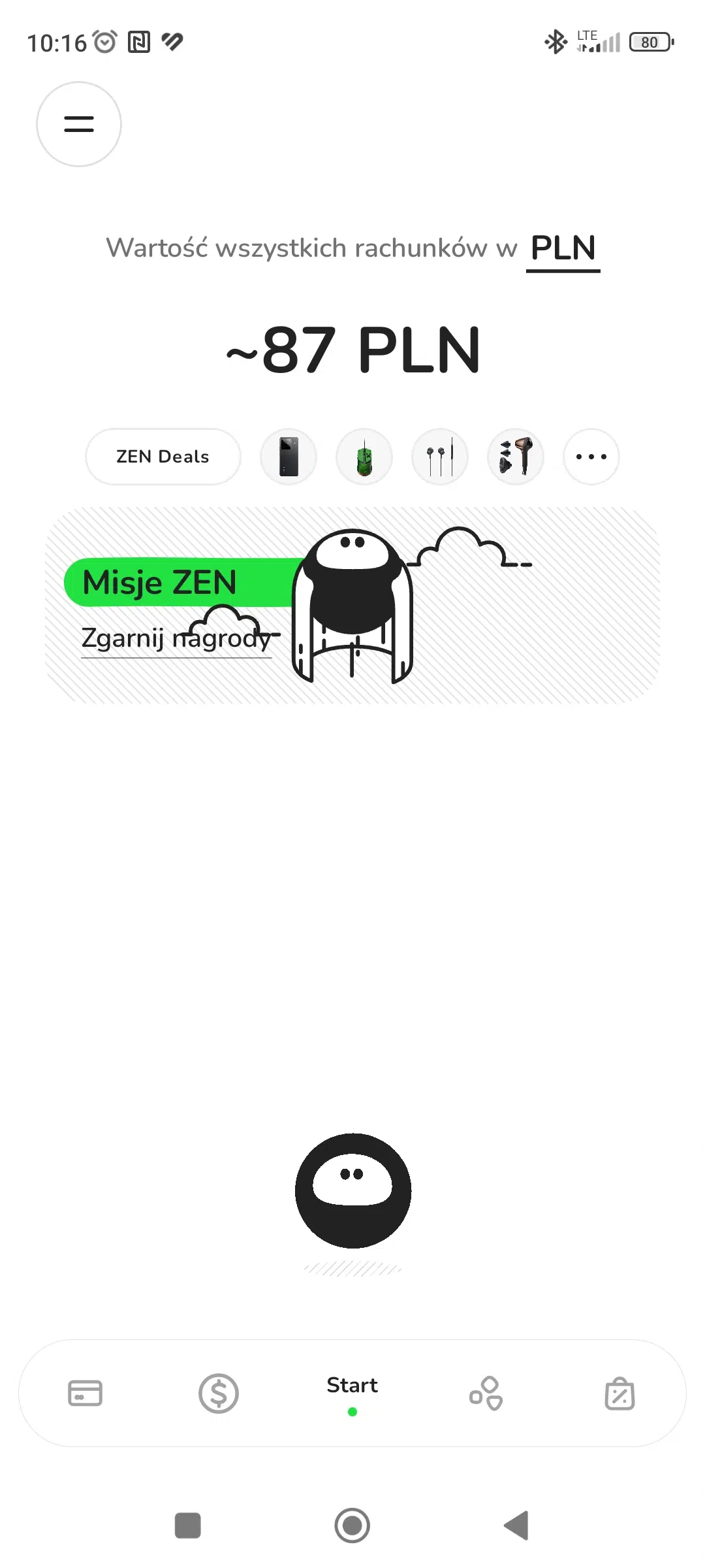 Ekran startowy aplikacji ZEN.COM na smartfonie z saldem około 87 PLN, sekcją ZEN Deals, kafelkiem Misje ZEN – zgarnij nagrody oraz dolnym menu nawigacyjnym.