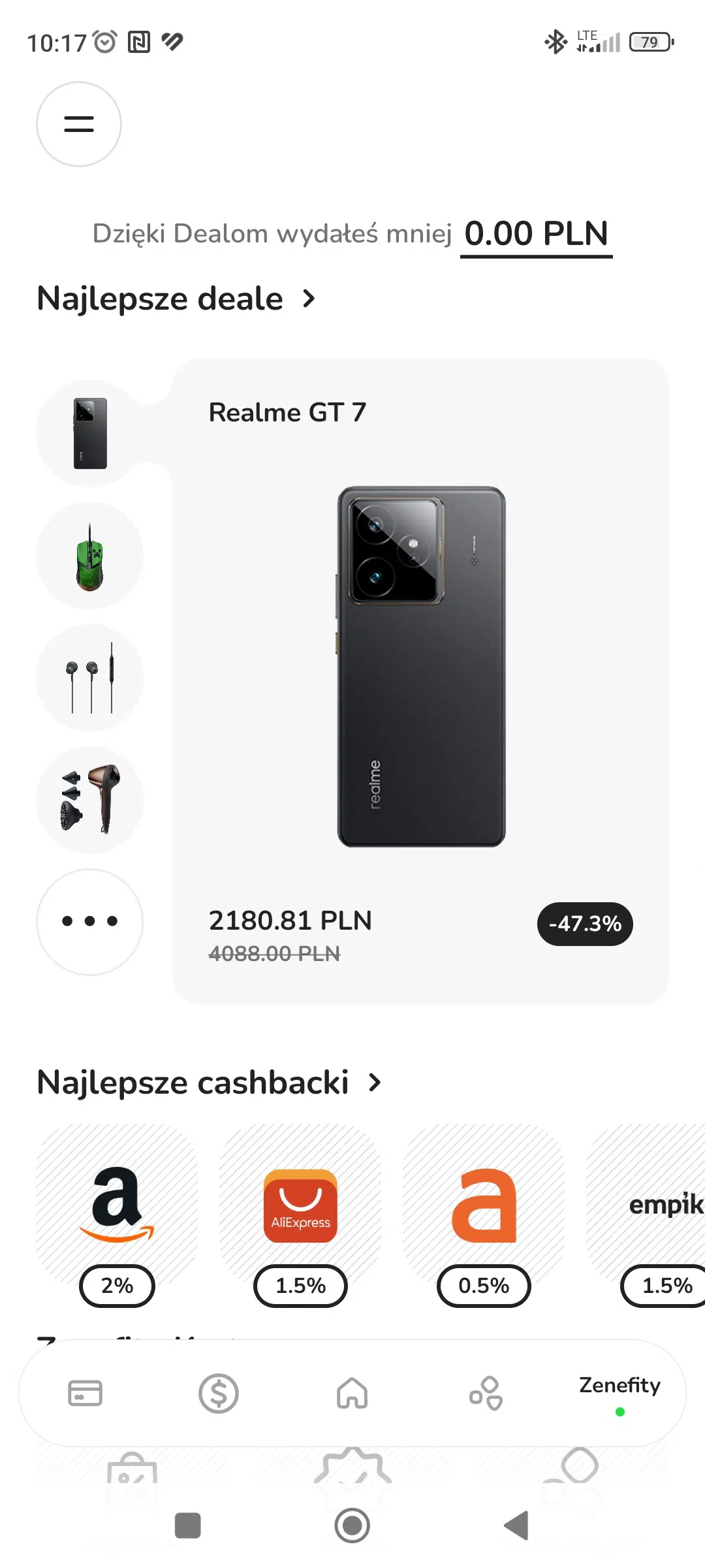 Ekran Zenefity w aplikacji ZEN.COM z najlepszymi dealami, promocją na smartfon Realme GT 7 oraz listą sklepów oferujących cashback, m.in. Amazon, AliExpress i Empik.