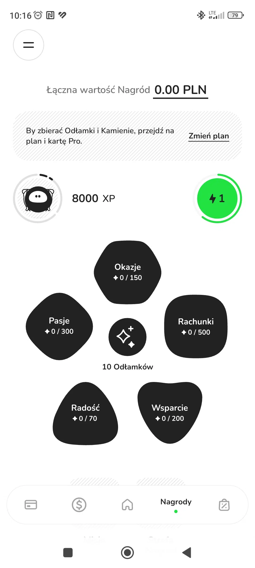 Ekran Strefy Nagród w aplikacji ZEN.COM z kategoriami nagród, licznikiem XP, Odłamków oraz sekcjami Okazje, Rachunki, Pasje, Radość i Wsparcie.