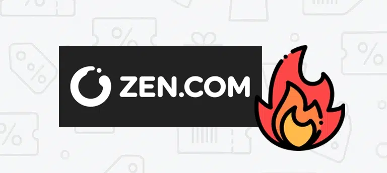 Logo ZEN.COM w białej typografii na czarnym tle oraz ikona płomienia po prawej stronie, na jasnym tle z subtelnym wzorem kuponów rabatowych.