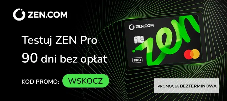 Mobilny baner ZEN.COM z kodem promocyjnym WSKOCZ na 90 dni testu planu ZEN Pro bez opłat, z kartą ZEN na czarnym tle.