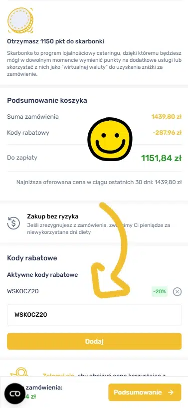 Mobilny zrzut ekranu koszyka Kuchni Vikinga z wpisanym kodem rabatowym WSKOCZ20, pokazujący naliczoną zniżkę 20% i obniżoną kwotę do zapłaty.