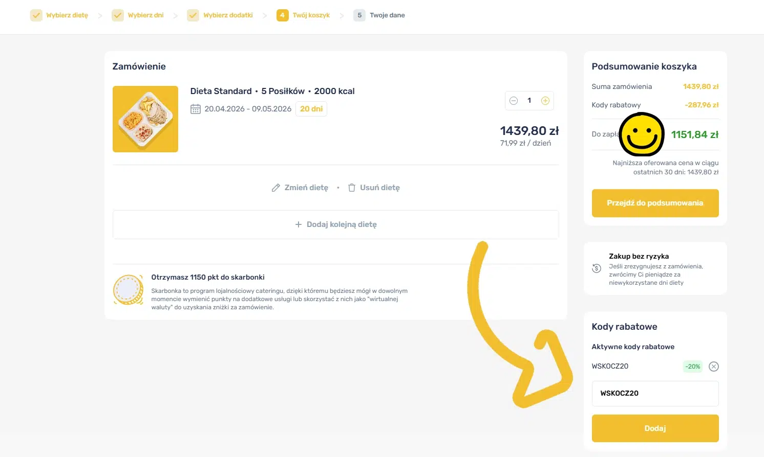 Zrzut ekranu koszyka Kuchni Vikinga z aktywnym kodem rabatowym WSKOCZ20, pokazujący naliczoną zniżkę 20% i obniżoną kwotę do zapłaty w podsumowaniu zamówienia.