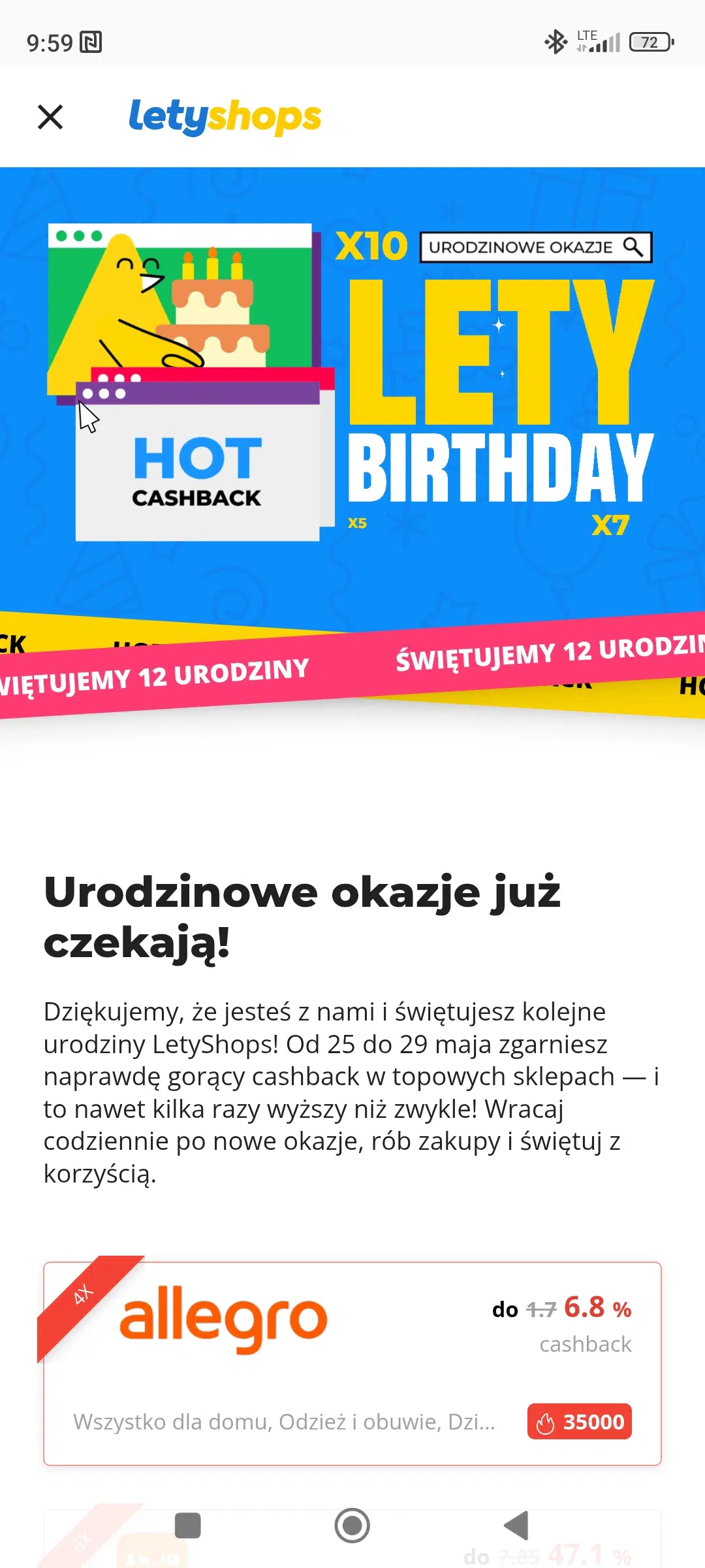 Mobilny widok akcji „12 urodziny LetyShops” w aplikacji LetyShops. Na ekranie widoczny jest baner „LETY Birthday”, opis promocji z podwyższonym cashbackiem oraz oferta Allegro z cashbackiem do 6,8%.